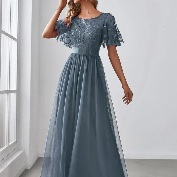 green emerald velvet dress Dusty Blue Embroidered Flower V Neck Mini Dress main image 1